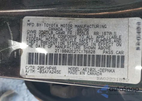 1996 Toyota Corolla Dx из США, поврежденный, VIN 2T1BB02E2TC176828